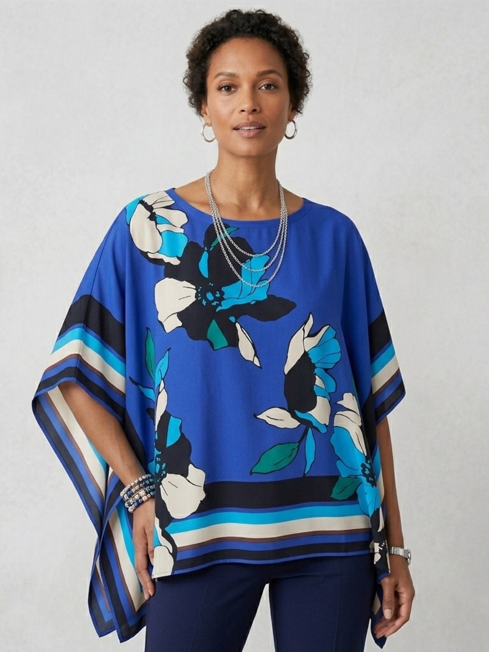 Chico's Blue Floral Border Print Poncho Kaftan Top L/XL Boho Coastal Flowy